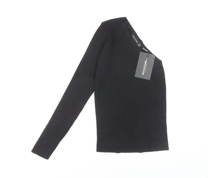 PrettyLittleThing Black Asymmetrical Sleeve Women's Top - Size 12