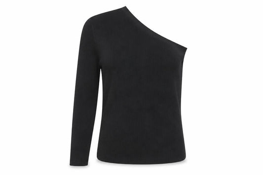 Front view of PRETTYLITTLETHING Black Asymmetrical Sleeve Women's Top -, size 12