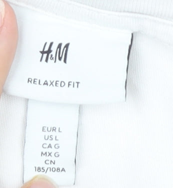 H&M Men's White Graphic Print Relaxed T-Shirt L