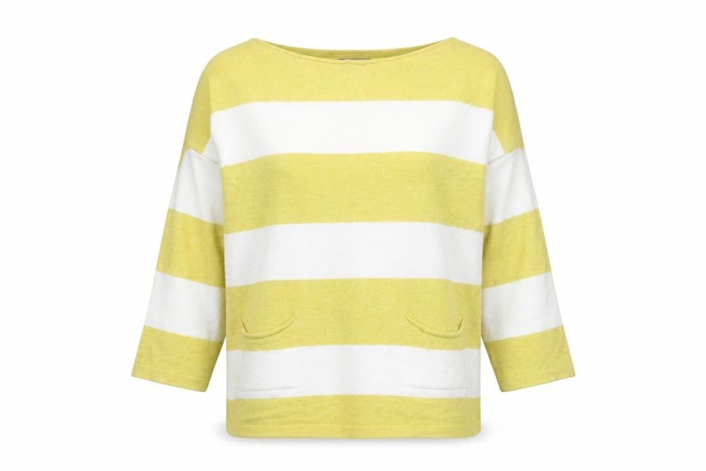 Front view of First Avenue Women's Yellow Striped jumper S/M