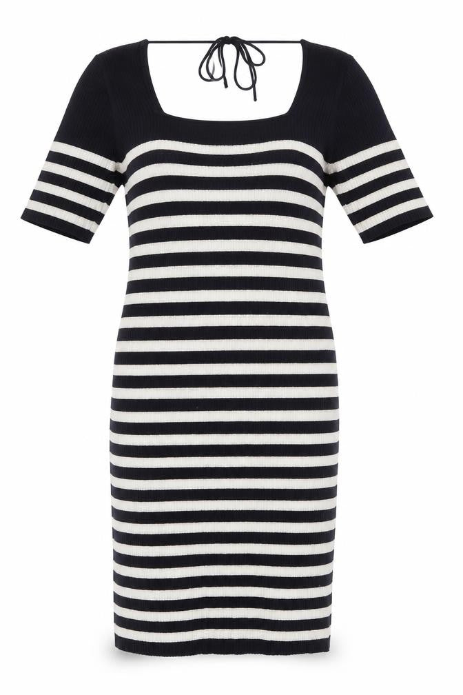 Front view of Next Women's Sheath Dress, Black/White, size 14, Striped