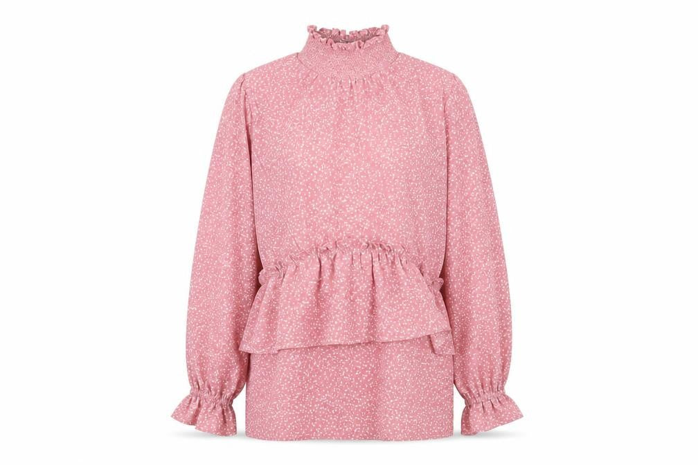 Front view of Lost Ink Women's Pink Polka Dot High Neck Blouse, size 6