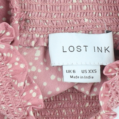 Lost Ink Women's Pink Polka Dot High Neck Blouse, Size 6