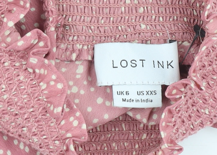 Lost Ink Women's Pink Polka Dot High Neck Blouse, Size 6