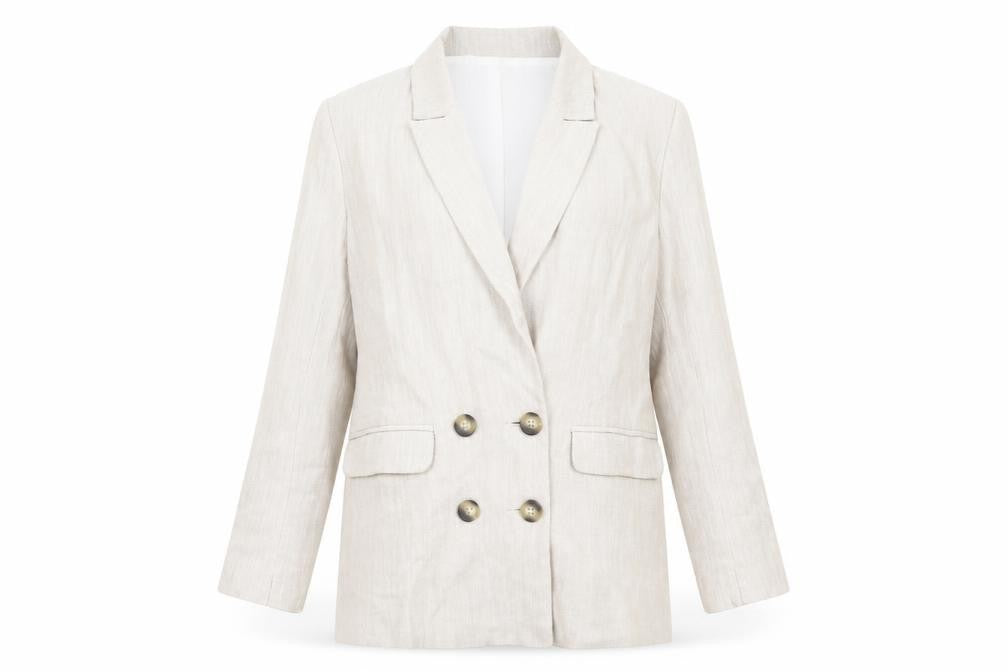 Front view of Topshop Women's Beige Double-Breasted Blazer UK 8