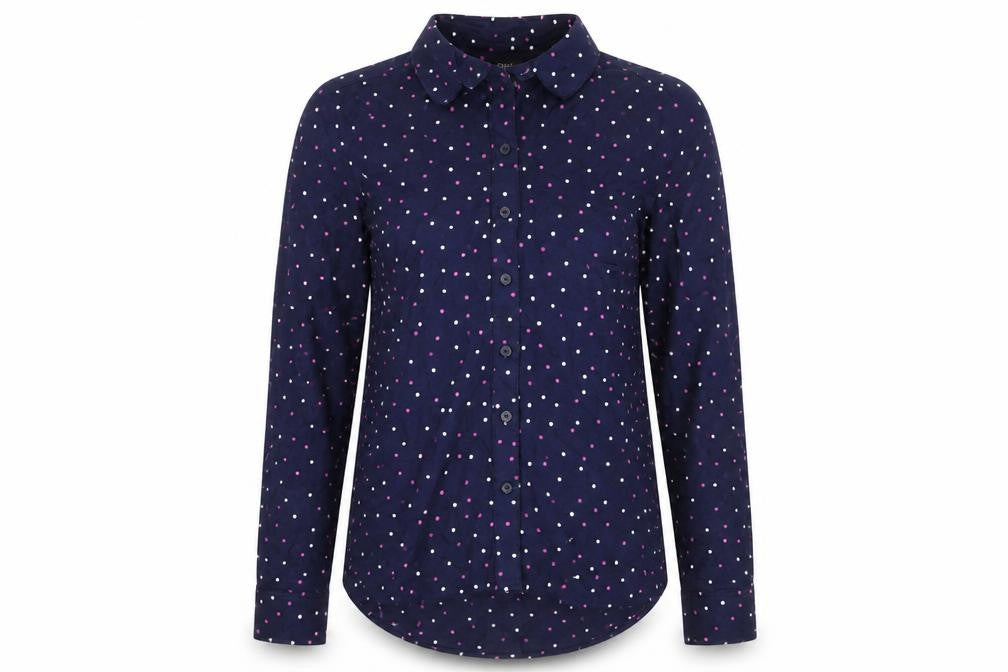 Front view of Next Women's Blue Polka Dot Button-Up Shirt, size 8