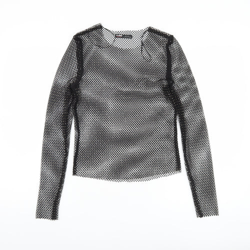 Pull & Bear Women's Black Mesh Slim Fit Long Sleeve Top
