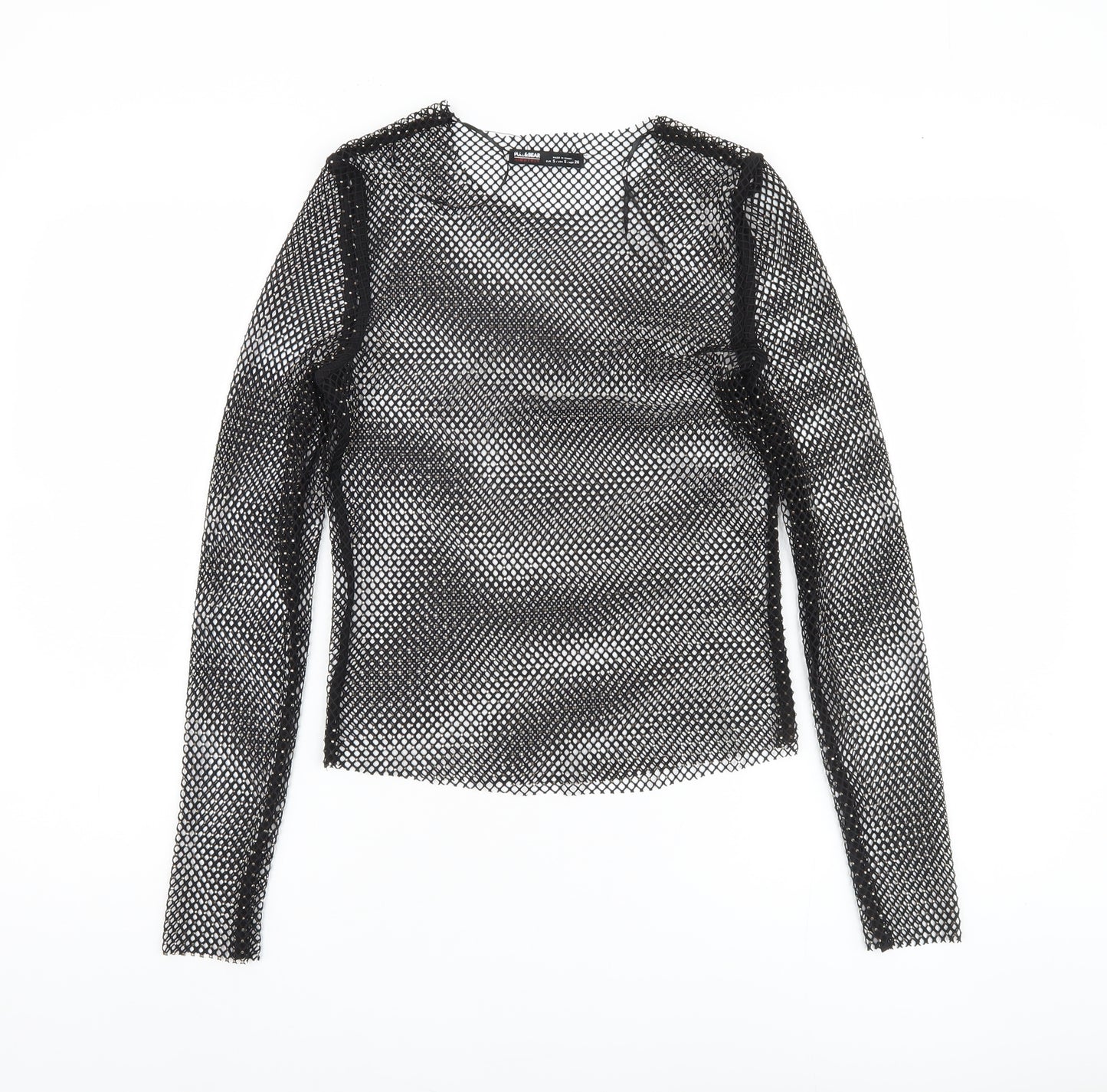 Pull & Bear Women's Black Mesh Slim Fit Long Sleeve Top