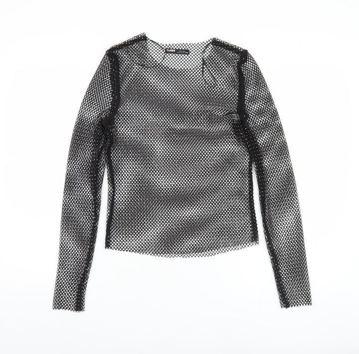 Pull & Bear Women's Black Mesh Slim Fit Long Sleeve Top