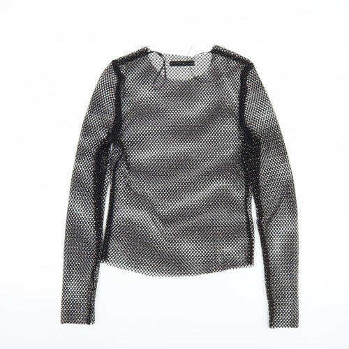 Pull & Bear Women's Black Mesh Slim Fit Long Sleeve Top