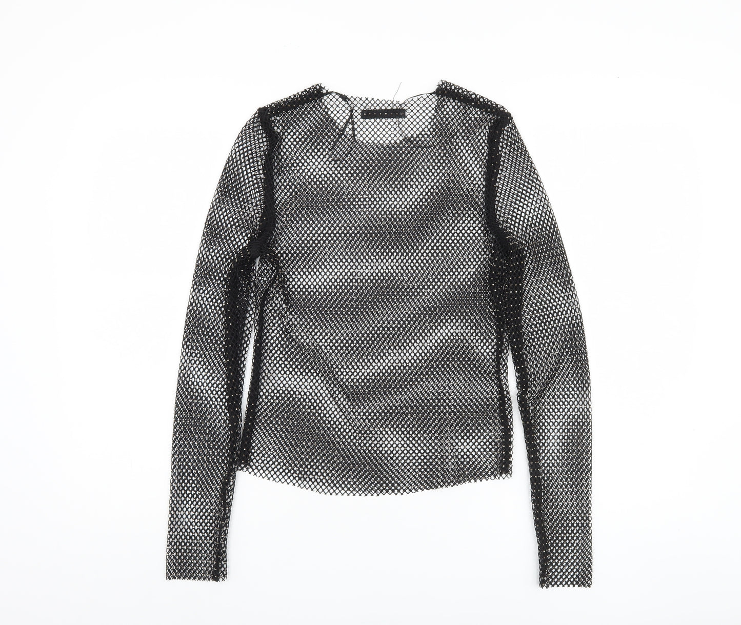 Pull & Bear Women's Black Mesh Slim Fit Long Sleeve Top