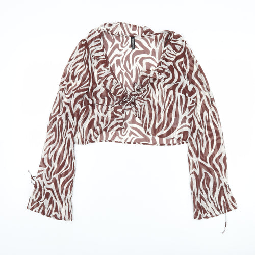 H&M Women's Brown Zebra Print Cropped Top, Size 8, Ruffle Accent