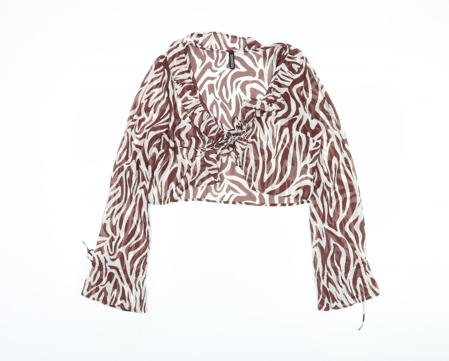 H&M Women's Brown Zebra Print Cropped Top, Size 8, Ruffle Accent