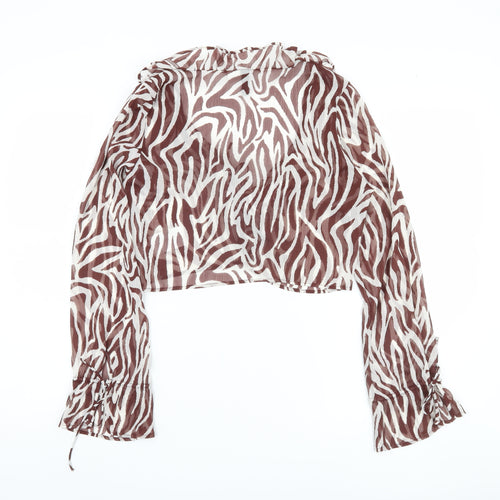 H&M Women's Brown Zebra Print Cropped Top, Size 8, Ruffle Accent