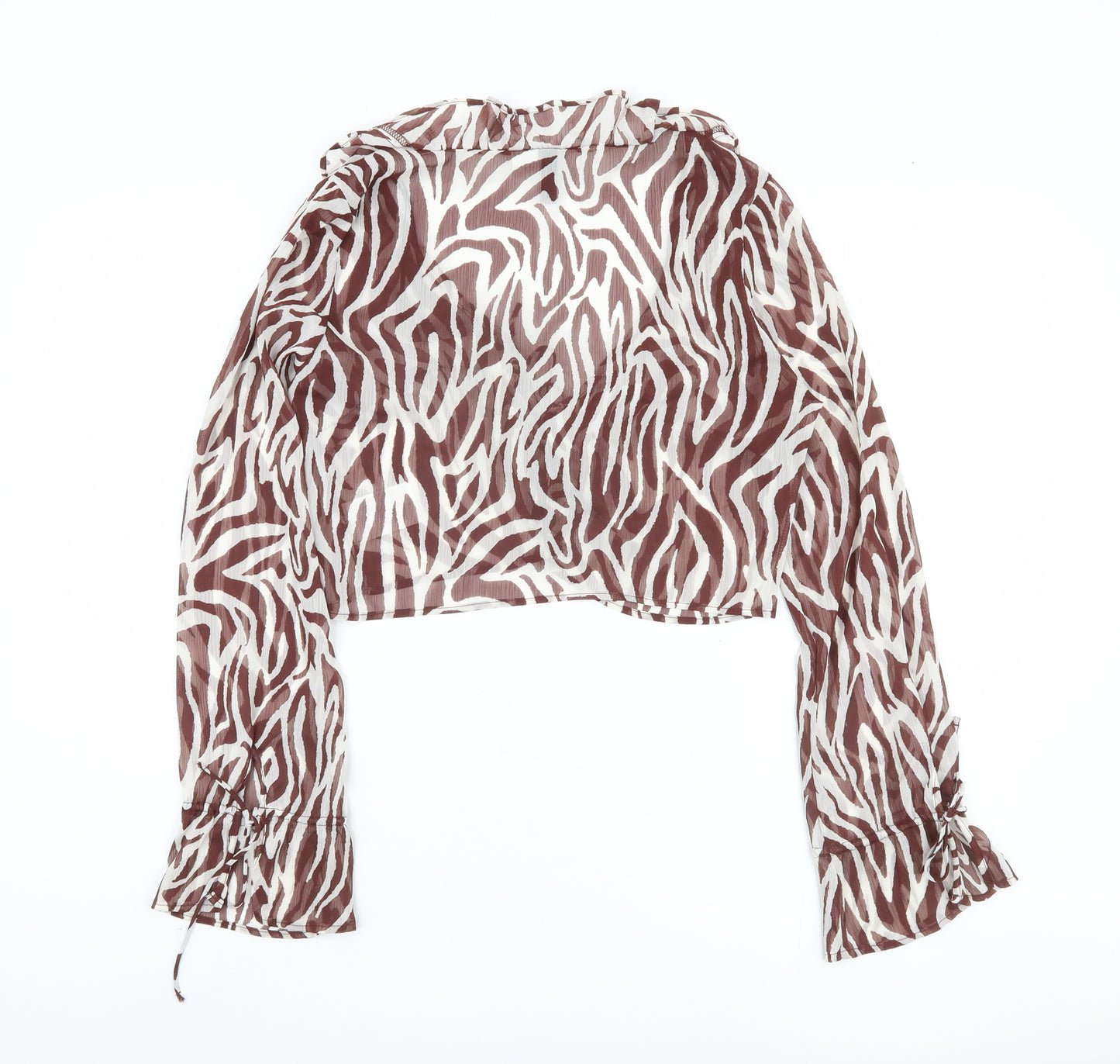 H&M Women's Brown Zebra Print Cropped Top, Size 8, Ruffle Accent
