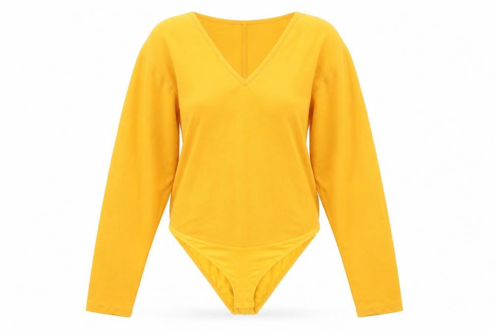 Front view of AX Paris Women's Yellow Bodysuit, Long Sleeve, size S