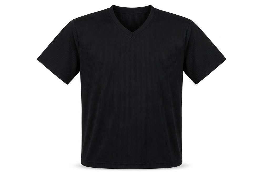 Front view of Reward Men's Black V-Neck T-Shirt, size L