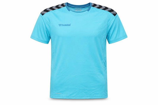 Front view of Hummel boys’ blue t-shirt, size 12, years, breathable activewear