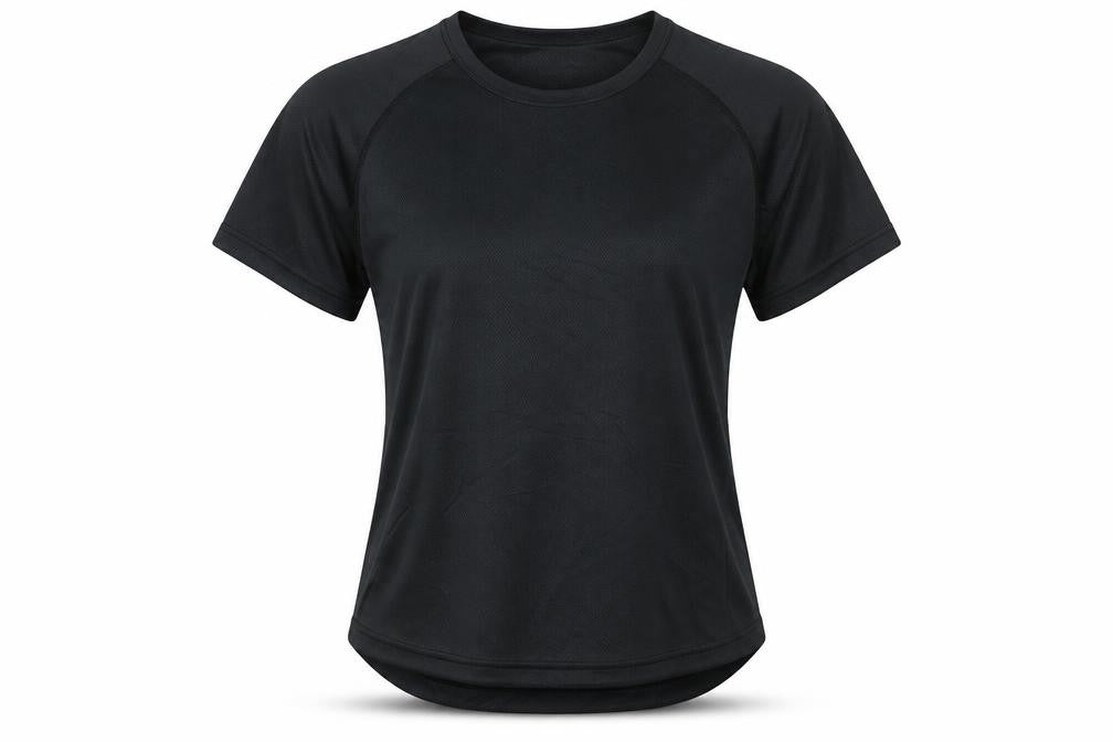 Front view of Alex Athletic Women's Black Gym T-Shirt, size 8