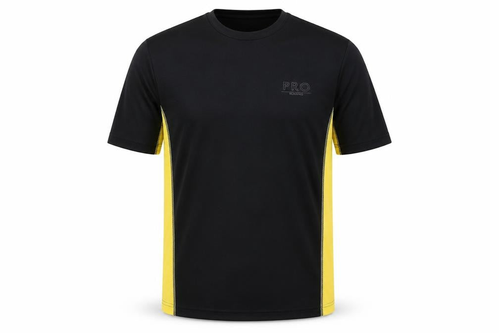 Front view of PRO Men's Black Yellow Running T-Shirt