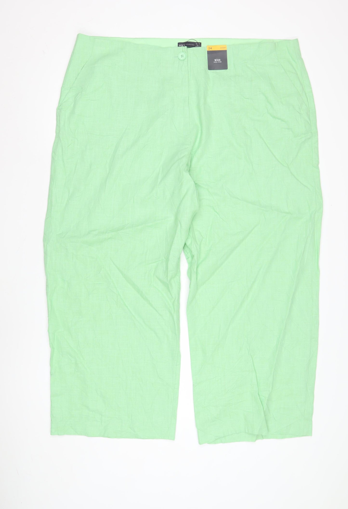 M&S Women's Green Wide-Leg Linen Trousers Size 24