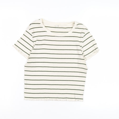 Uniqlo Women's White Striped T-Shirt, Medium, Crew Neck