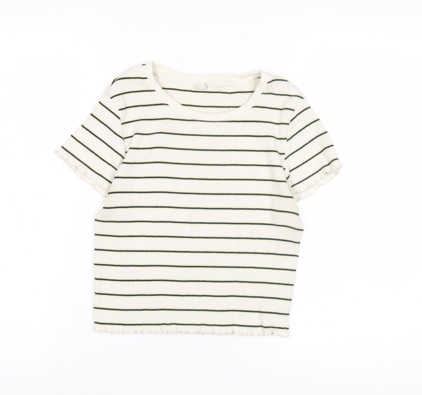 Uniqlo Women's White Striped T-Shirt, Medium, Crew Neck