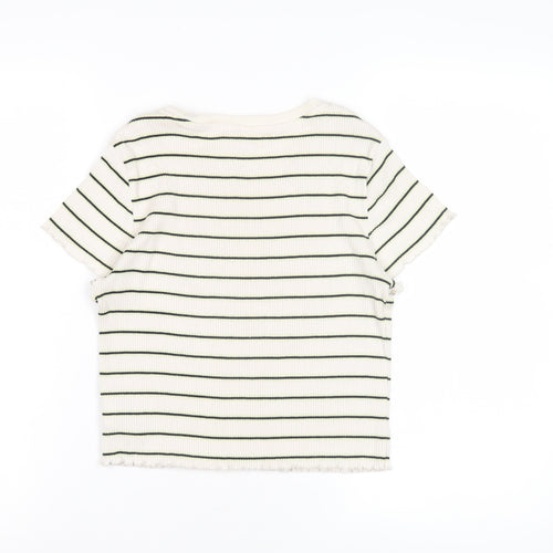 Uniqlo Women's White Striped T-Shirt, Medium, Crew Neck