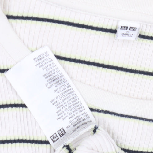 Uniqlo Women's White Striped T-Shirt, Medium, Crew Neck