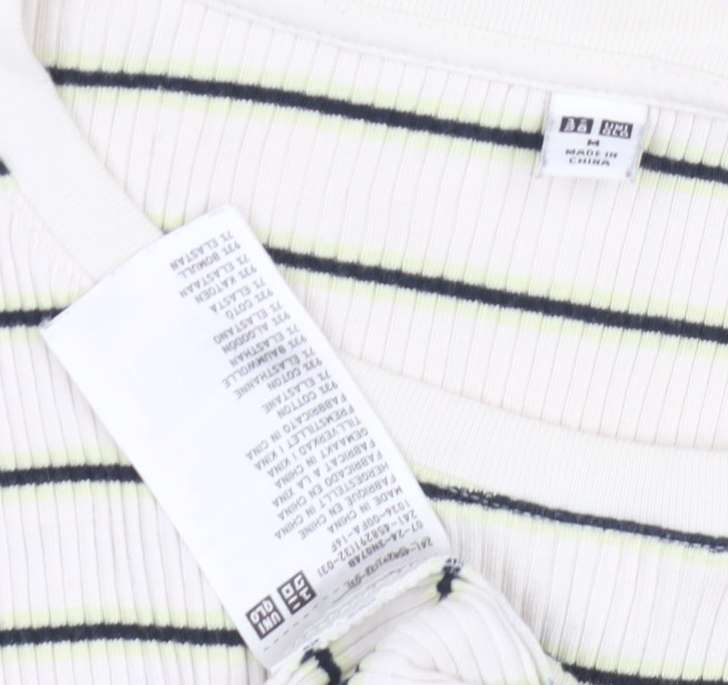 Uniqlo Women's White Striped T-Shirt, Medium, Crew Neck