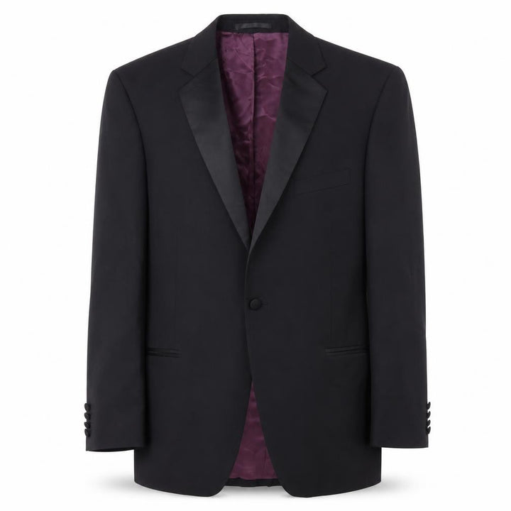 Front view of Men's Black Long Blazer 42L Tuxedo Peak Lapel