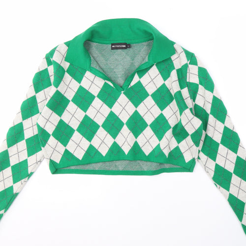 PrettyLittleThing Women's Green Argyle Jumper, Size L