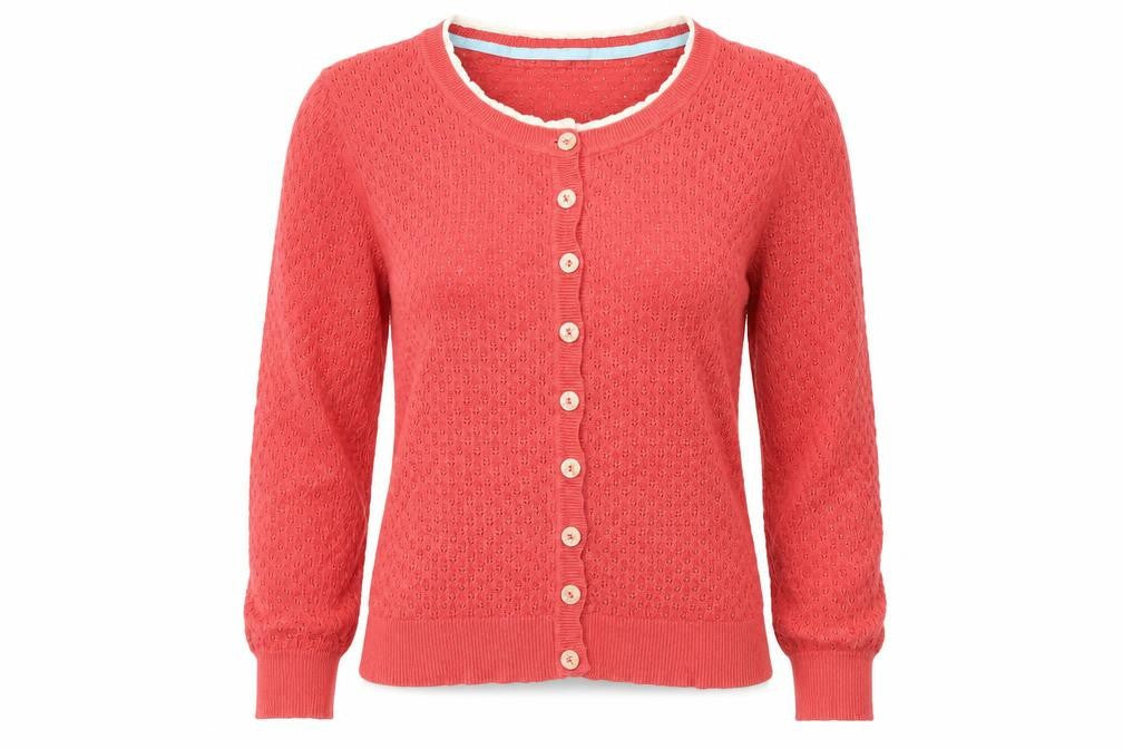 Front view of Ness Women's Red Cardigan, size S, Open-Knit Style