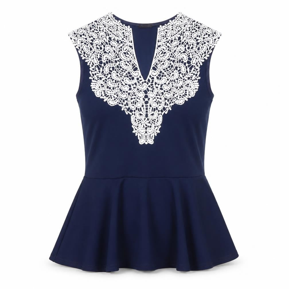 Quiz Women's Blue Sleeveless Blouse with Lace Accents