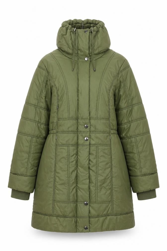 Front view of ETAGE Women's Green Mid-Length Puffer Jacket, size 10