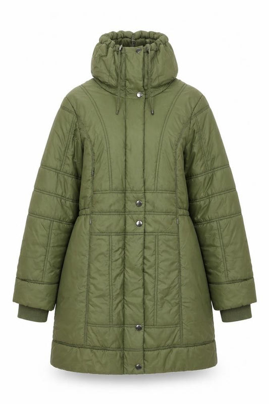 Front view of ETAGE Women's Green Mid-Length Puffer Jacket, size 10