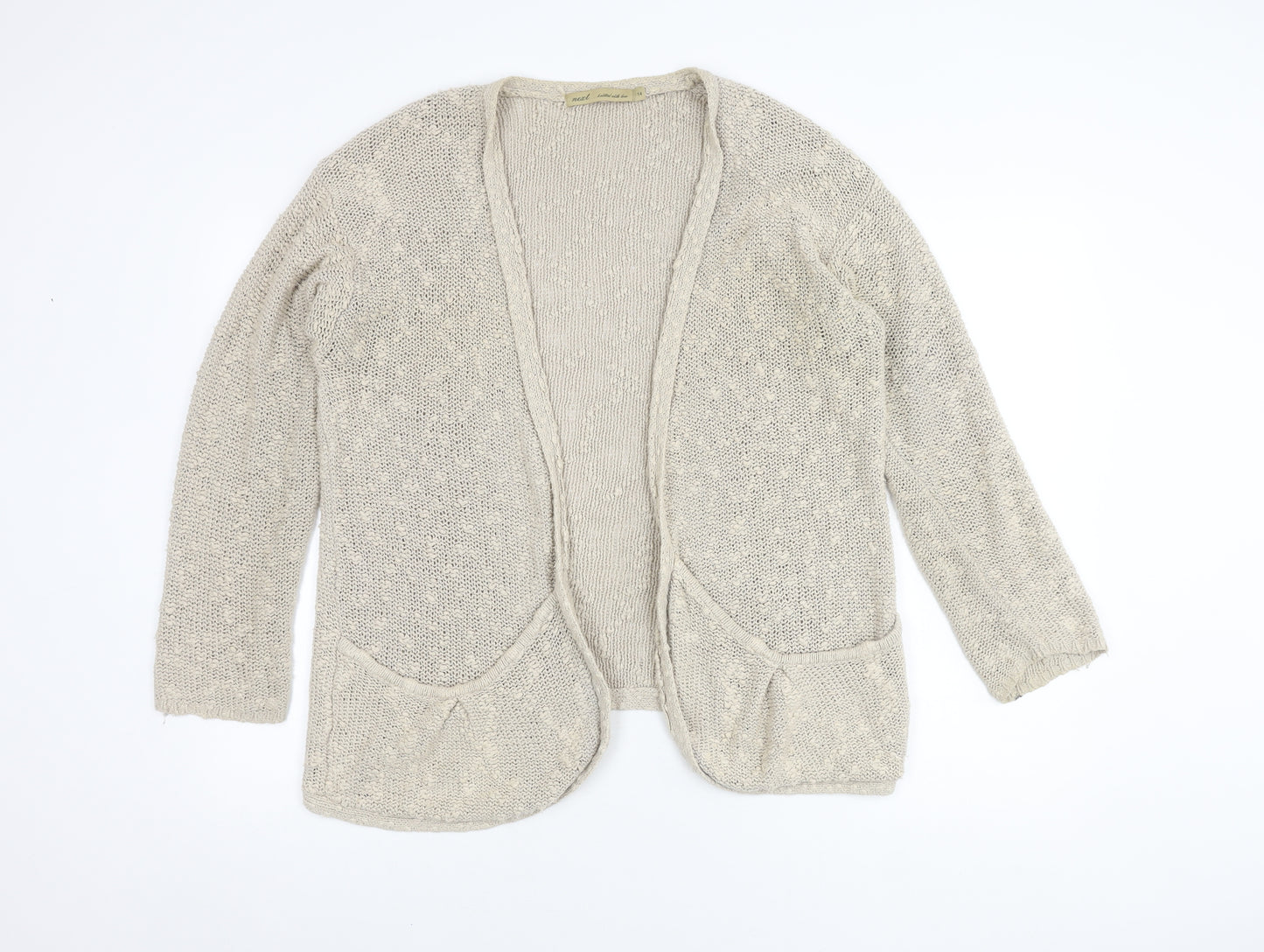 Next Women's Beige Cotton Open Front Cardigan Size 14 Open-Knit