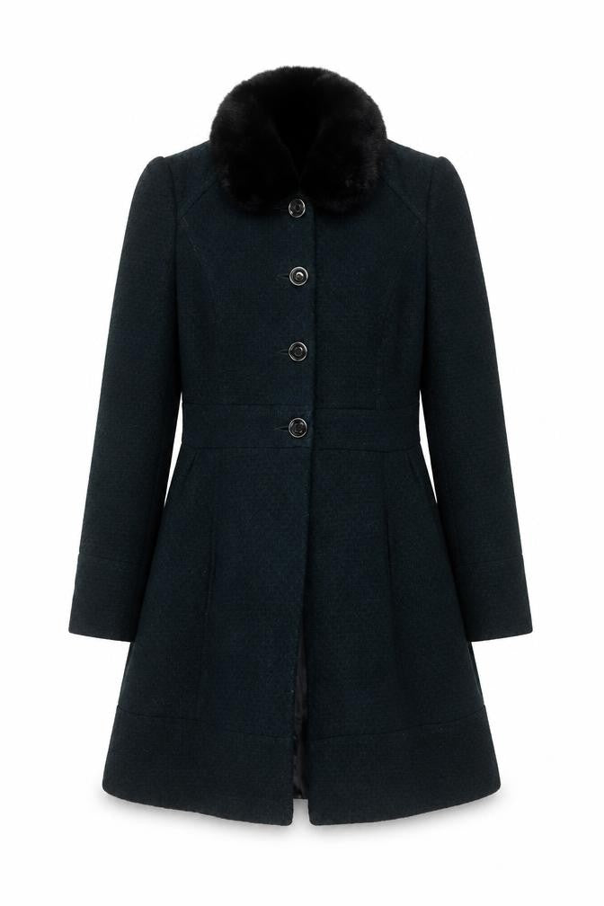Front view of Dorothy Perkins Women's Black Coat, size 12, with Fur Trim