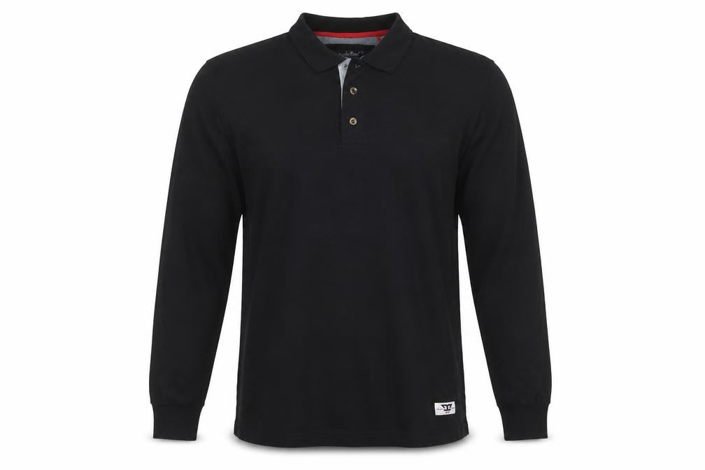 Front view of D555 Men's Medium Black Cotton Long Sleeve Polo