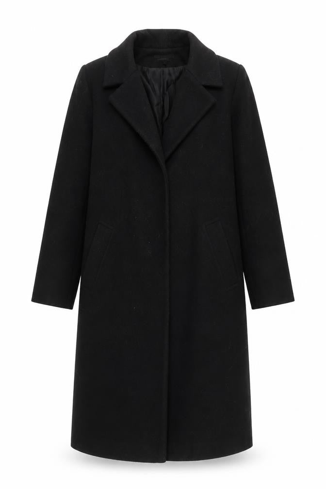 Front view of River Island Women's Black Long Coat UK 8, Winter Style