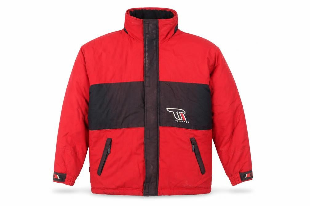 Front view of Trespass Men's Red Puffer Jacket, size L, Winter Casual