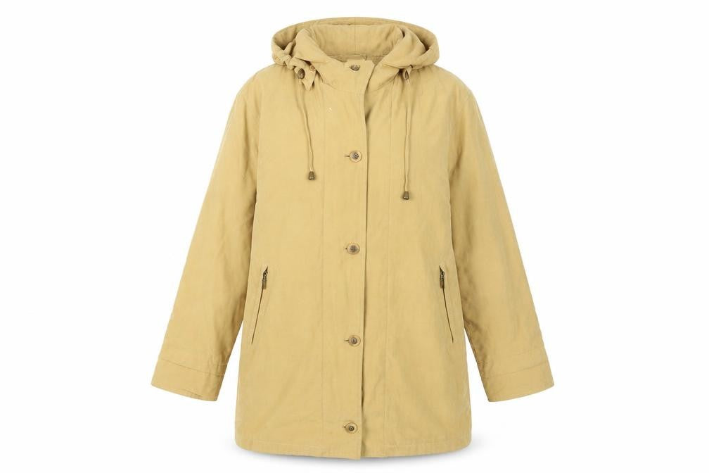 Front view of David Barry Women's Beige Hooded Coat, size 16