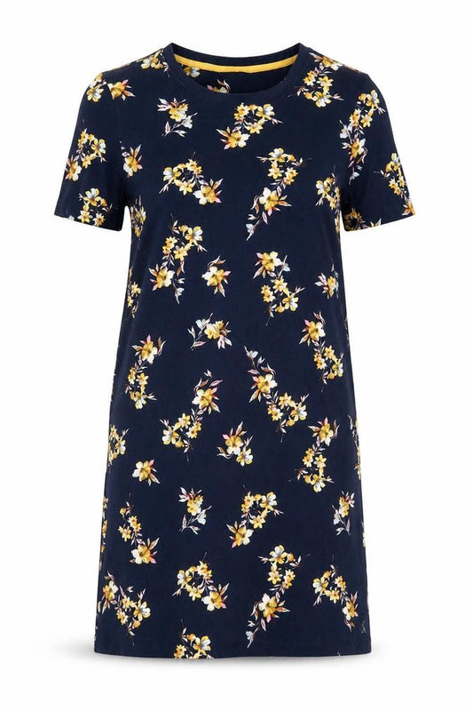 Front view of Joules Women's Blue Floral T-Shirt Dress, size 12