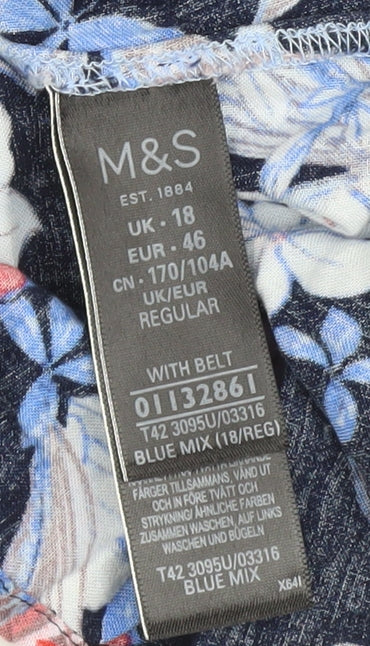 Marks and Spencer Women's Blue Floral Dress, Size 18
