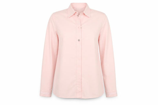 Front view of Oscar B. Women's Pink Button-Up Shirt, size 12, Casual Style