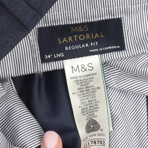Marks and Spencer Men's Blue Regular Fit Wool Trousers