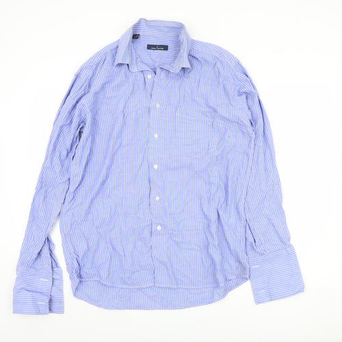 Daniel Hechter Men's Blue Striped Button-Up Shirt L