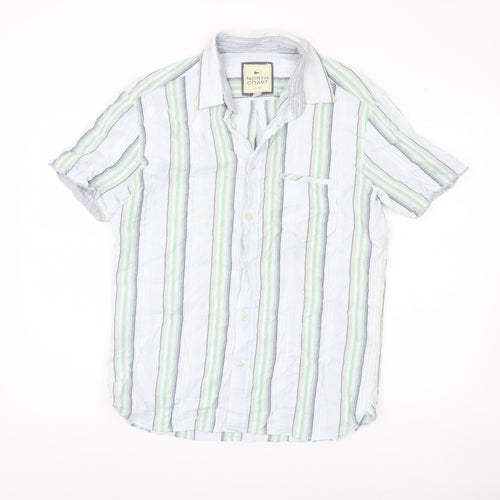 Marks and Spencer Men's Green Striped Button-Up Shirt M
