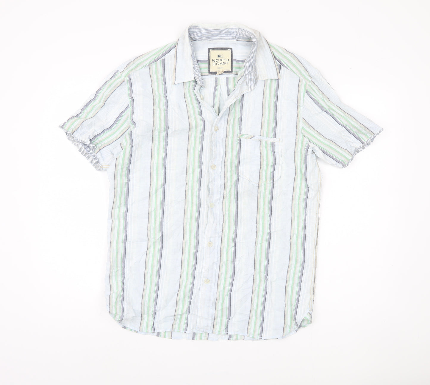 Marks and Spencer Men's Green Striped Button-Up Shirt M