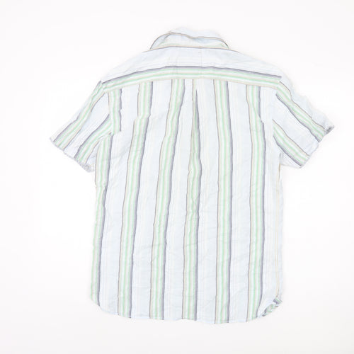 Marks and Spencer Men's Green Striped Button-Up Shirt M